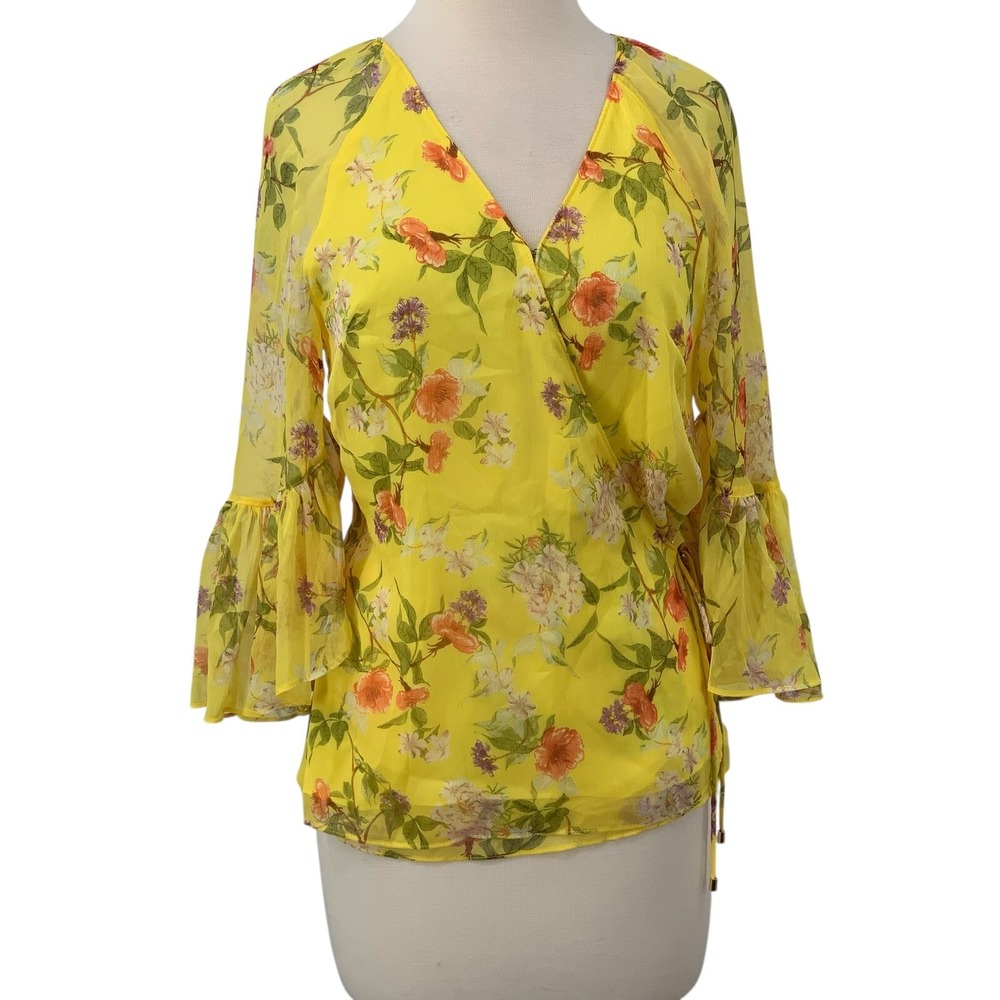 Lauren Ralph Lauren Blouse Women's Floral Wrap Georgette Side Tie Yellow Size‎ S - Picture 2 of 8